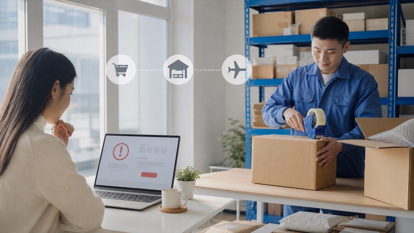 Compradora internacional resolviendo un error de pago de JD.com con un almacén en China
