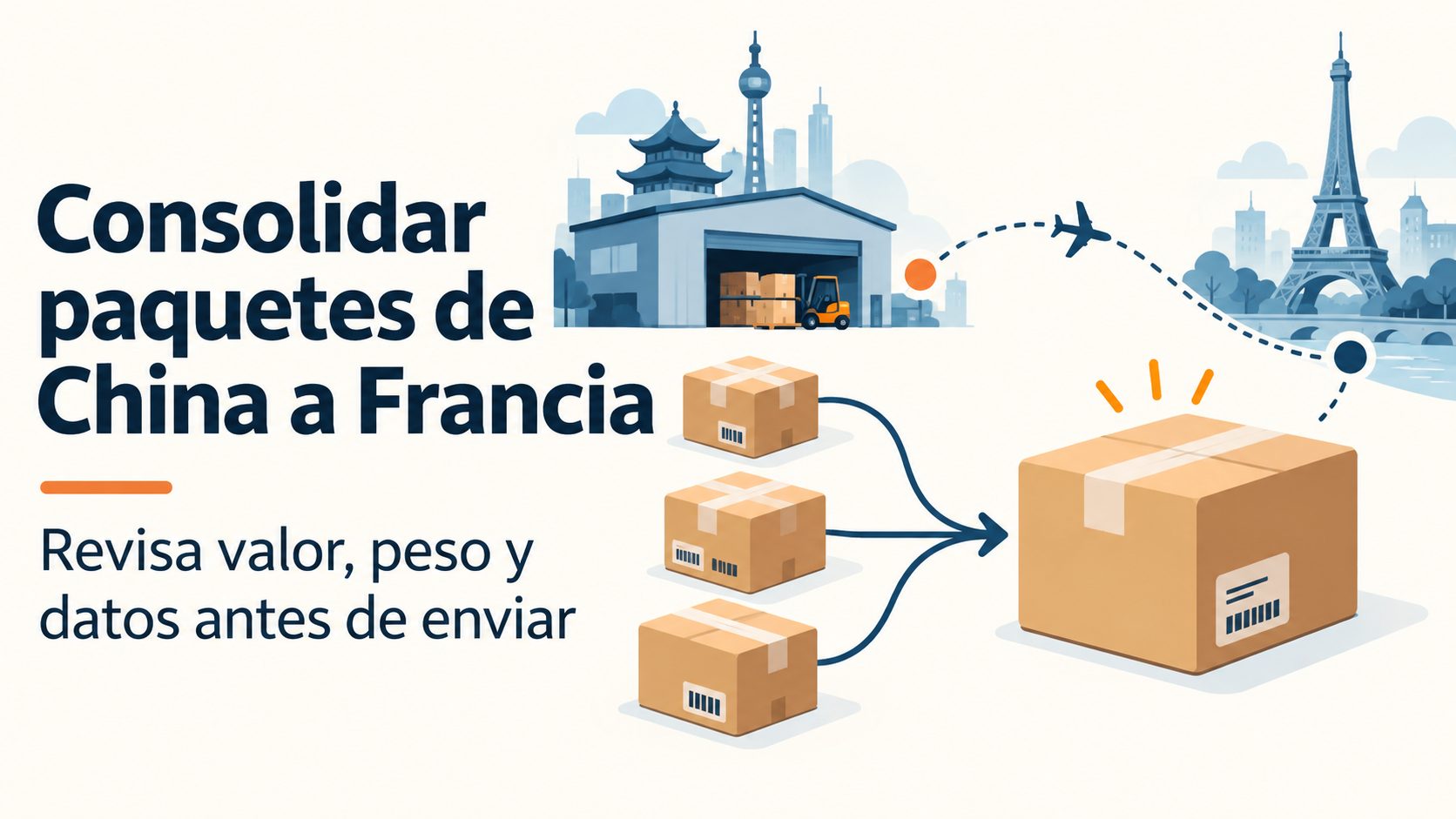 Ilustración de consolidación de paquetes en un almacén chino con destino Francia