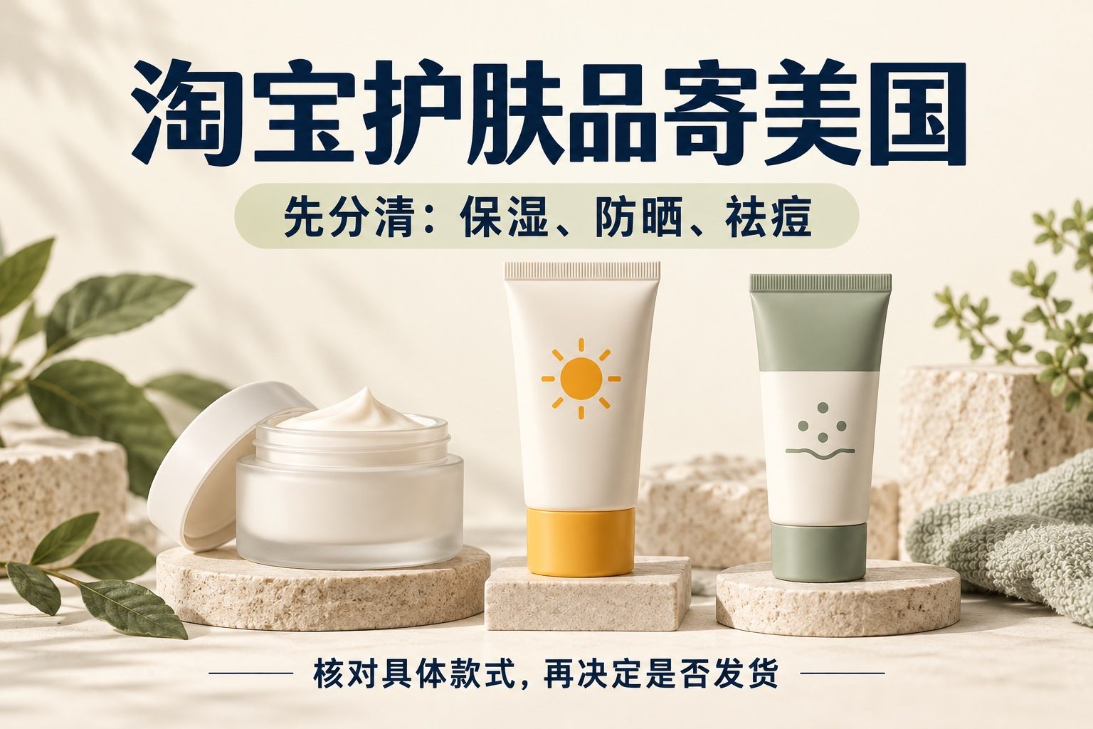 淘宝护肤品寄美国前,先区分保湿、防晒与祛痘产品的AI分类示意图。