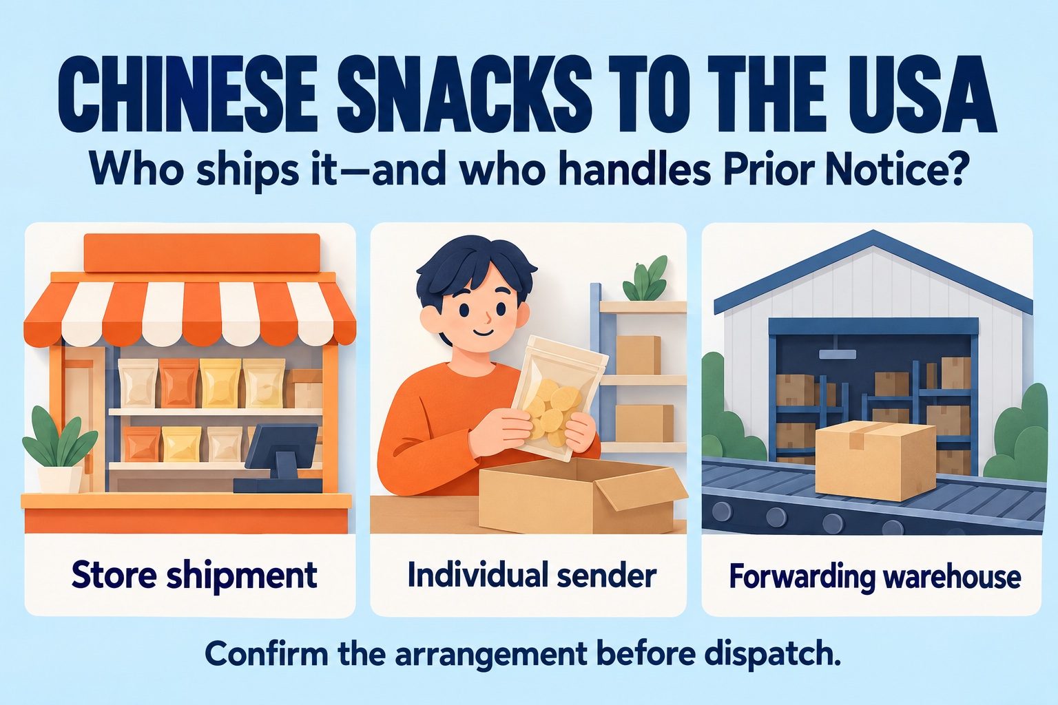 Chinese snacks to the USA: store, individual and forwarding-warehouse sender arrangements and Prior Notice responsibilities; AI illustration.