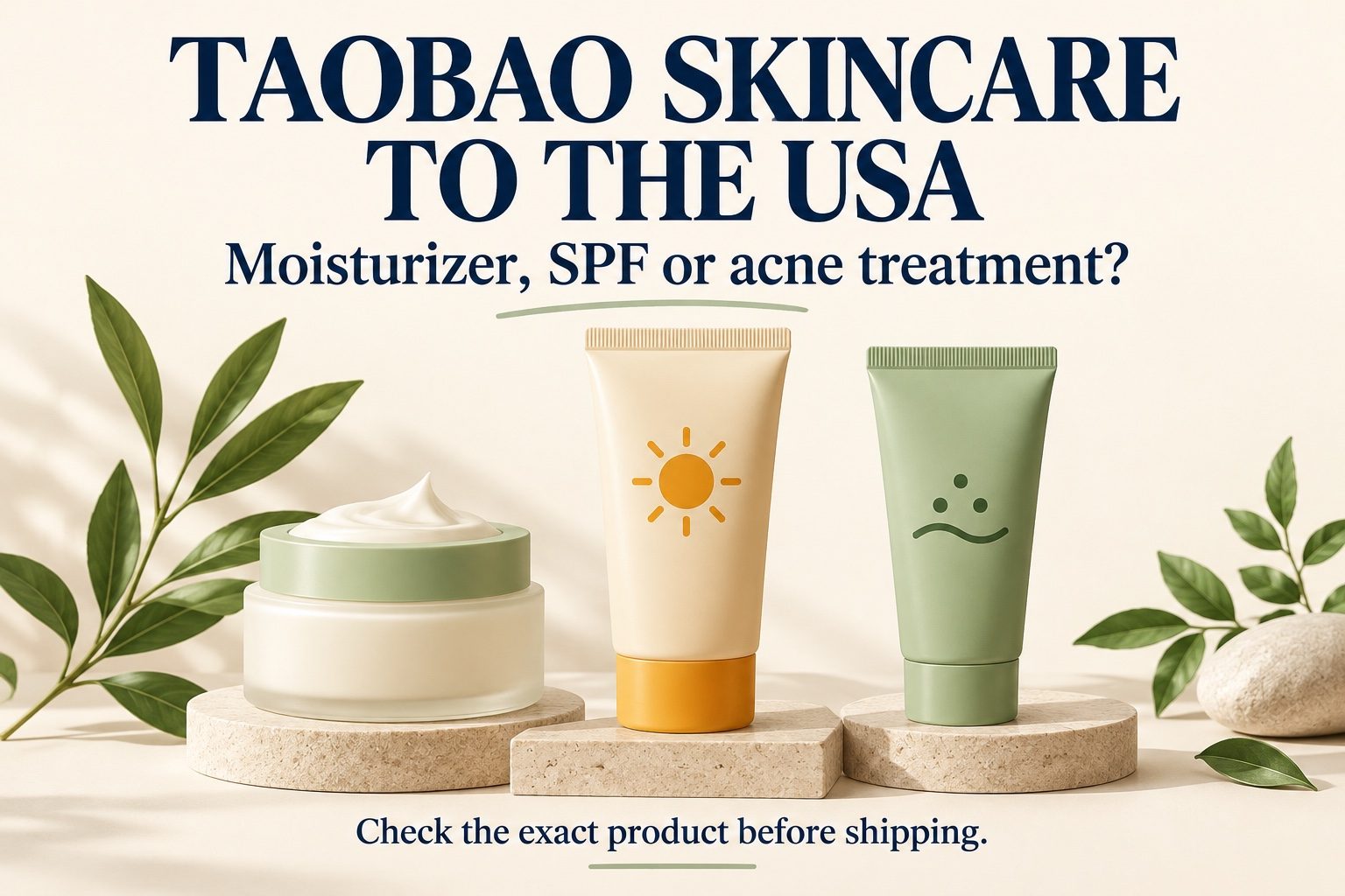 Taobao skincare for U.S. buyers: distinguish moisturizer, SPF and acne treatment before shipping; AI-generated illustration.